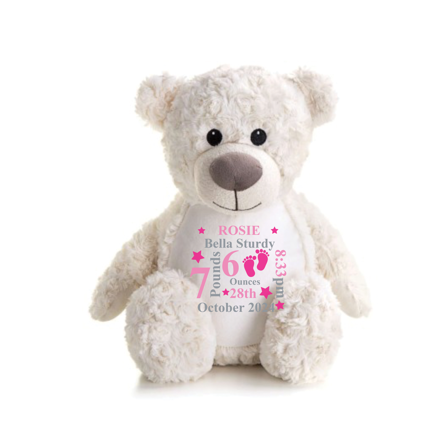 Pink Birth Details Personalised Cream Tummi Bear