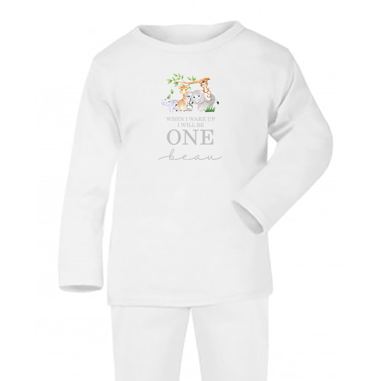 Safari When I Wake Up Birthday Personalised White Baby Pj's