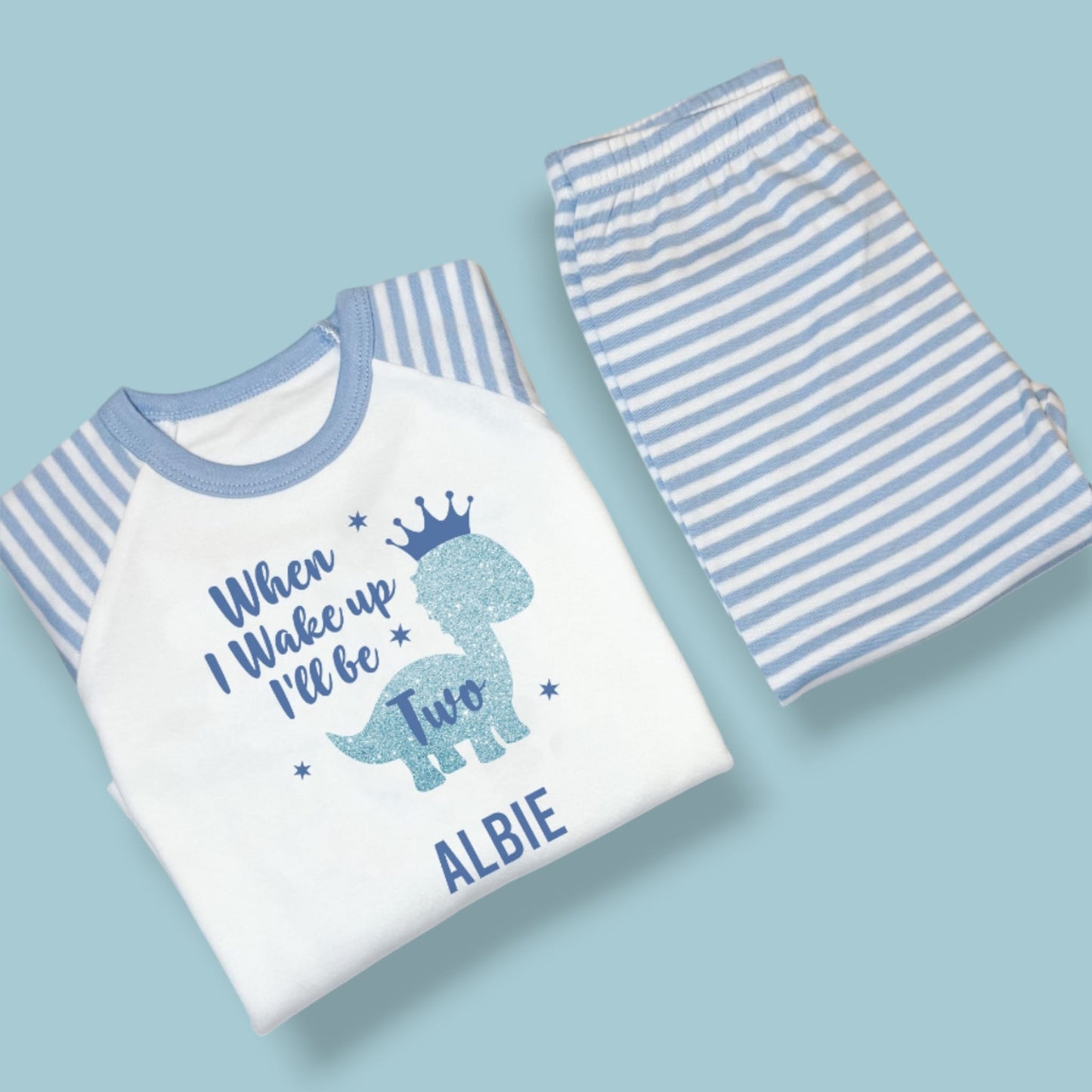 When I Wake Dinosaur Birthday Personalised Blue Stripe Pjs