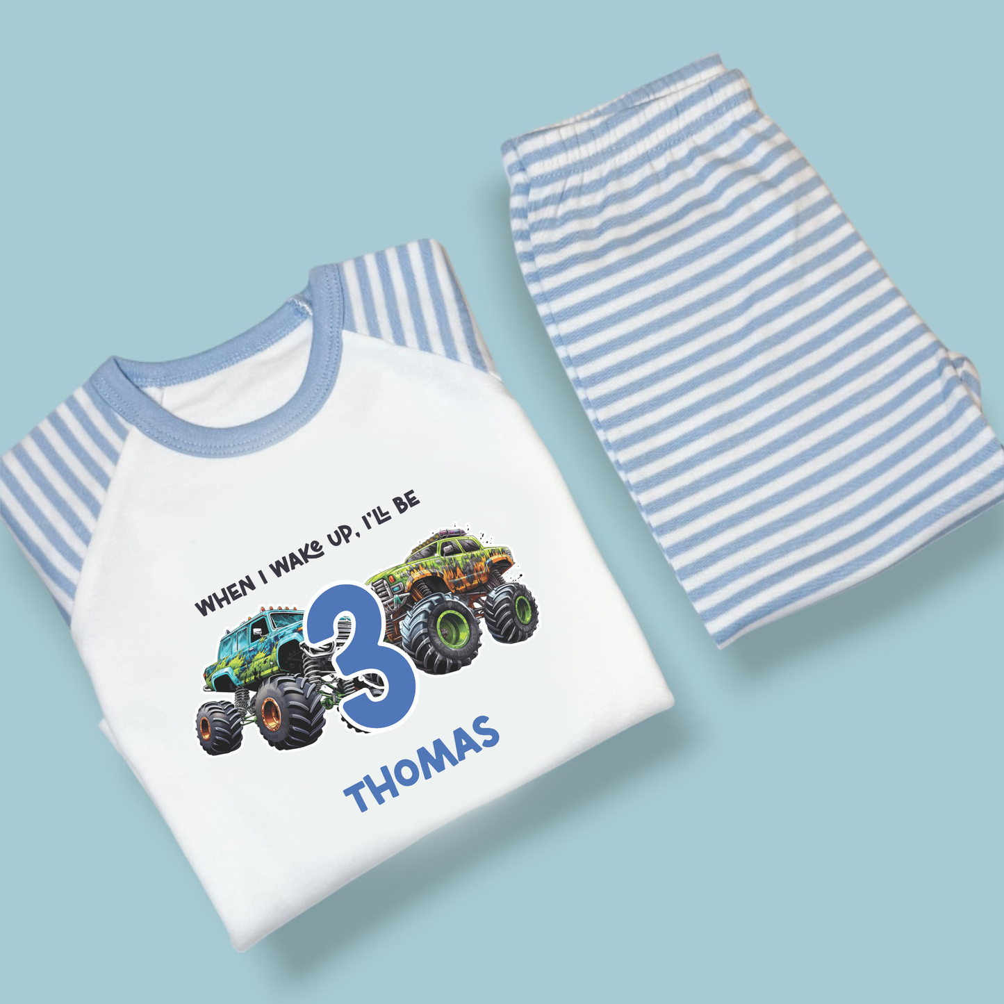 When I Wake Monster Trucks Blue Birthday Personalised Blue Stripe Pjs