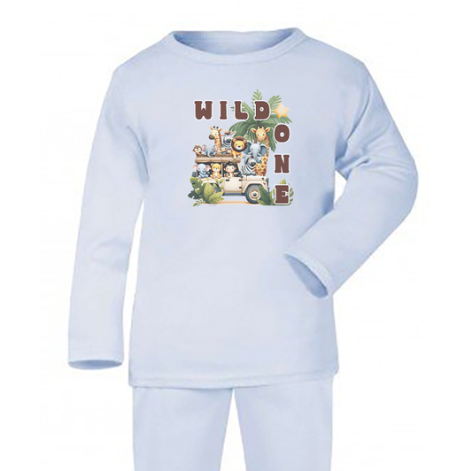 Wild One Safari Birthday Personalised Blue Baby Pj's