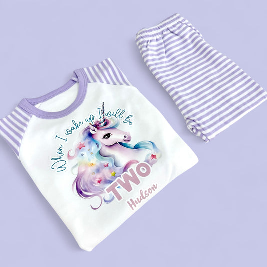 When I Wake Unicorn Birthday Personalised Pastel Purple Stripe Pj's