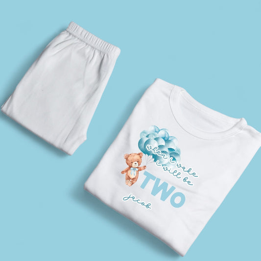 When I Wake Teddy Blue Balloon Birthday Personalised White Baby Pj's