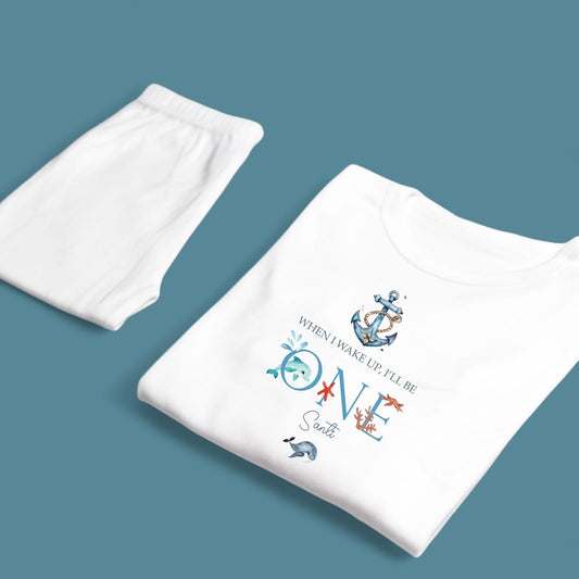 When I wake I'll be ONE Ocean Vibes Birthday Personalised White Baby Pj's