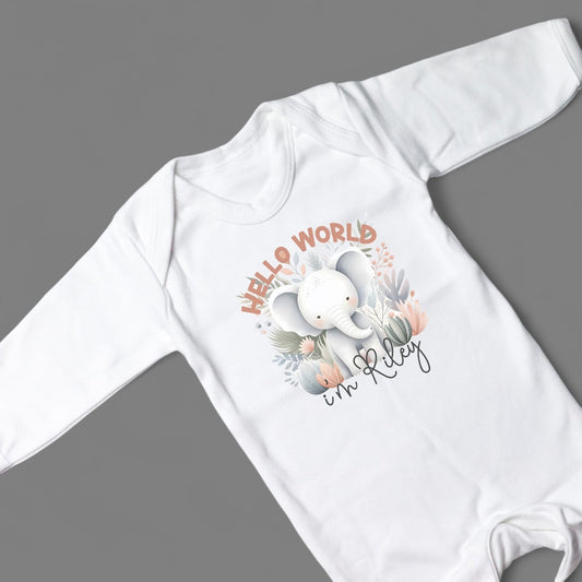 Hello World Elephant Name Personalised White Rompersuit