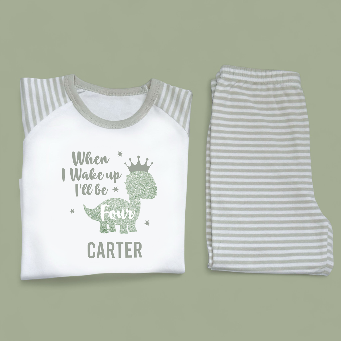 When I Wake Dinosaur Green Personalised Birthday Sage Green Stripe Pj's