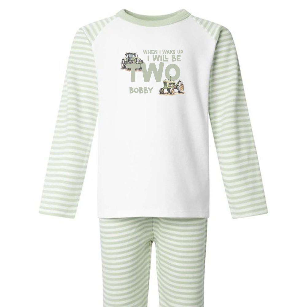 When I Wake Tractor Birthday Personalised Sage Green Stripe Pj's