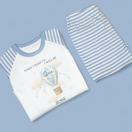 When I Wake Hot Air Balloon Birthday Personalised Blue Stripe Pjs