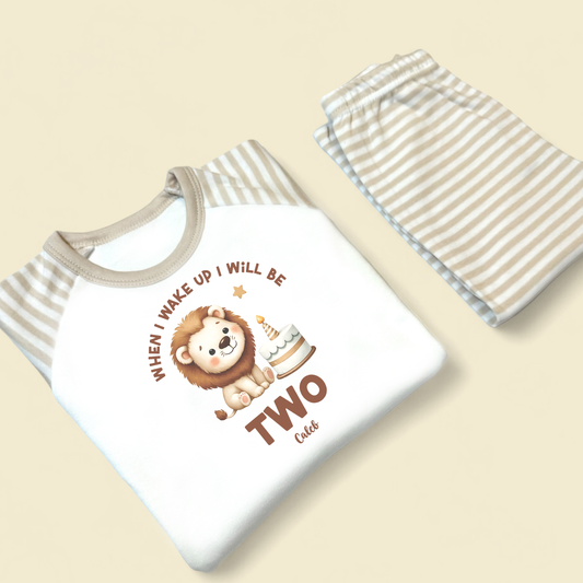 When I wake Up Lion Age Birthday Personalised Natural Stripe Pj's