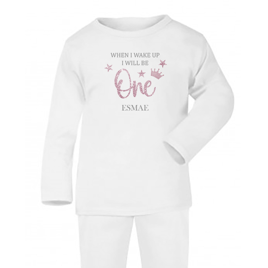 When I Wake Pink Stars & Crown Birthday Personalised White Baby Pj's