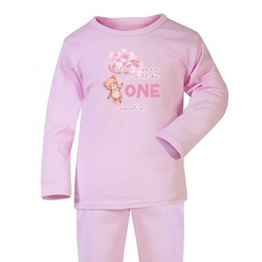 When I Wake Up Teddy Pink Balloon Birthday Personalised Pink Baby Pj's