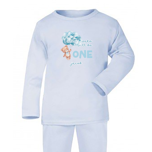 When I Wake Teddy Blue Balloons Birthday Personalised Blue Baby Pj's