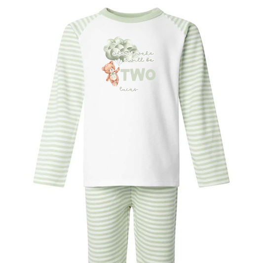 When I Wake Teddy Green Balloon Birthday Personalised Sage Green Stripe Pj's