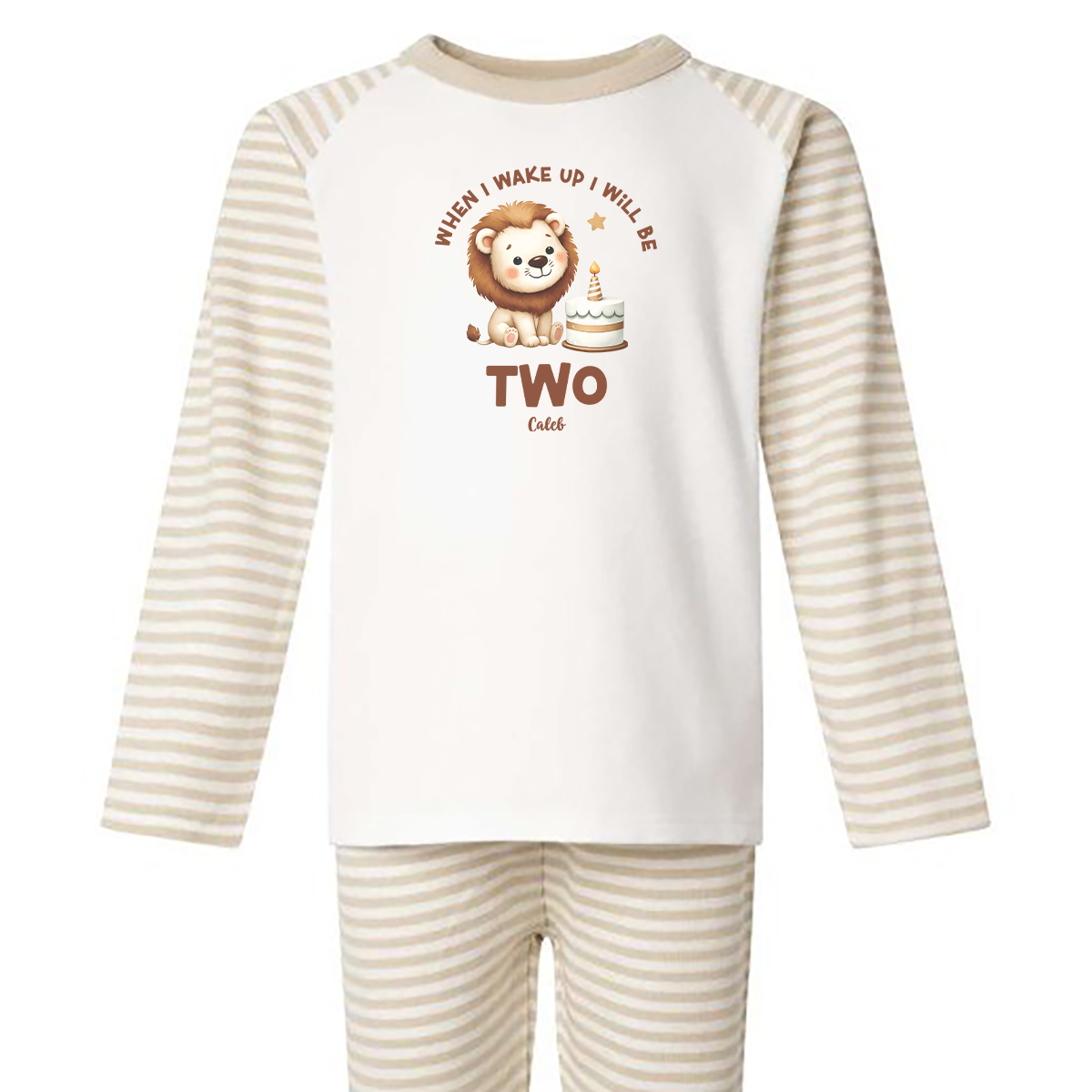 When I wake Up Lion Age Birthday Personalised Natural Stripe Pj's