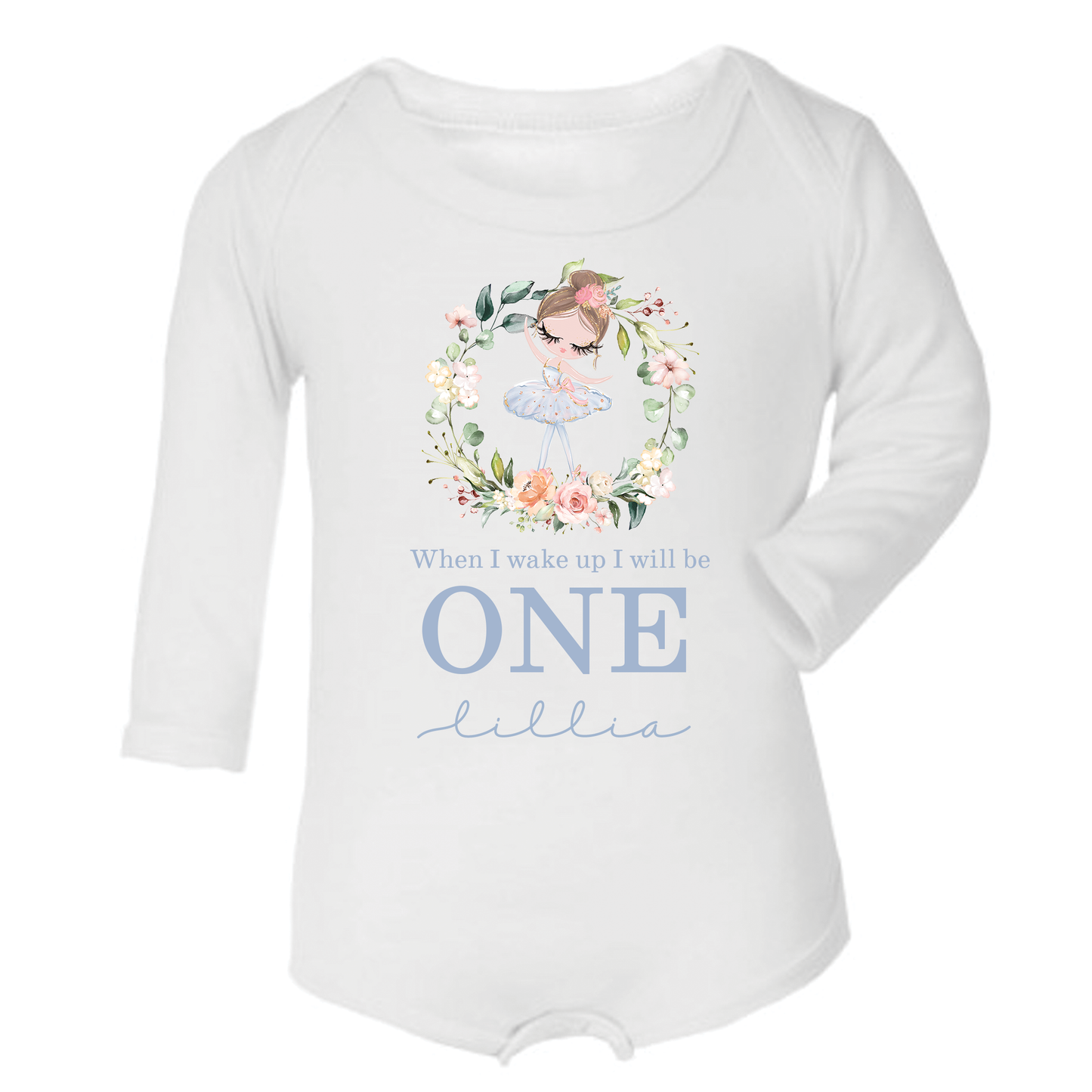 Ballerina When I Wake Birthday Wreath Personalised White Long Sleeve Bodysuit