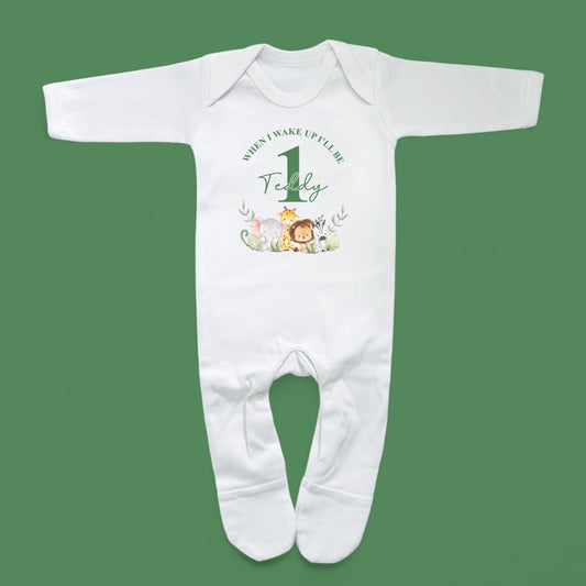 When I wake up Safari Birthday Personalised White Rompersuit