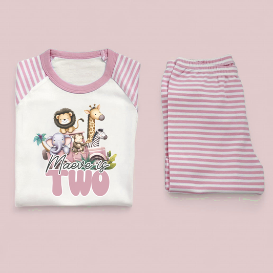 Wild Pink Safari Bus Birthday Personalised Pink Stripe Pj's