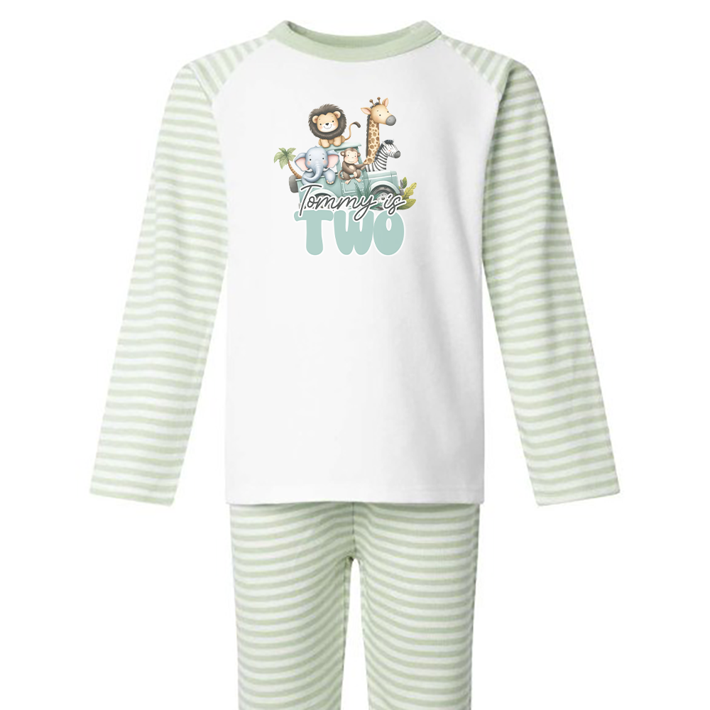 Wild Safari Bus Birthday Age Personalised Sage Green Stripe Pj's