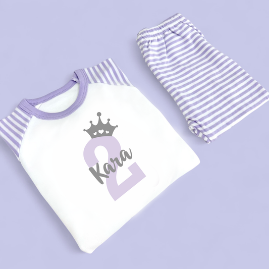 Birthday Name Lilac Princess Crown Personalised Pastel Purple Stripe Pj's