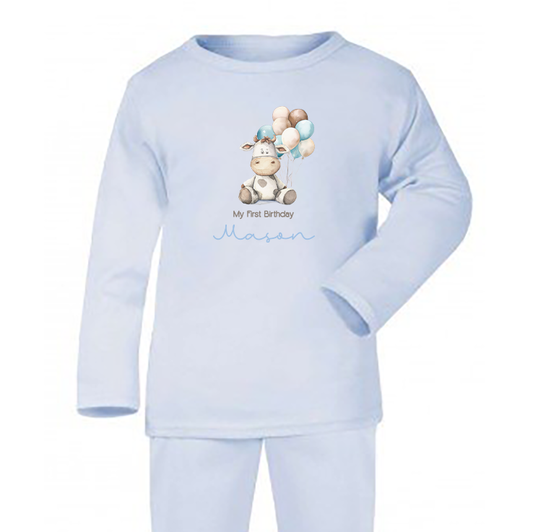 My First Birthday Cow Personalised Blue Baby Pj's