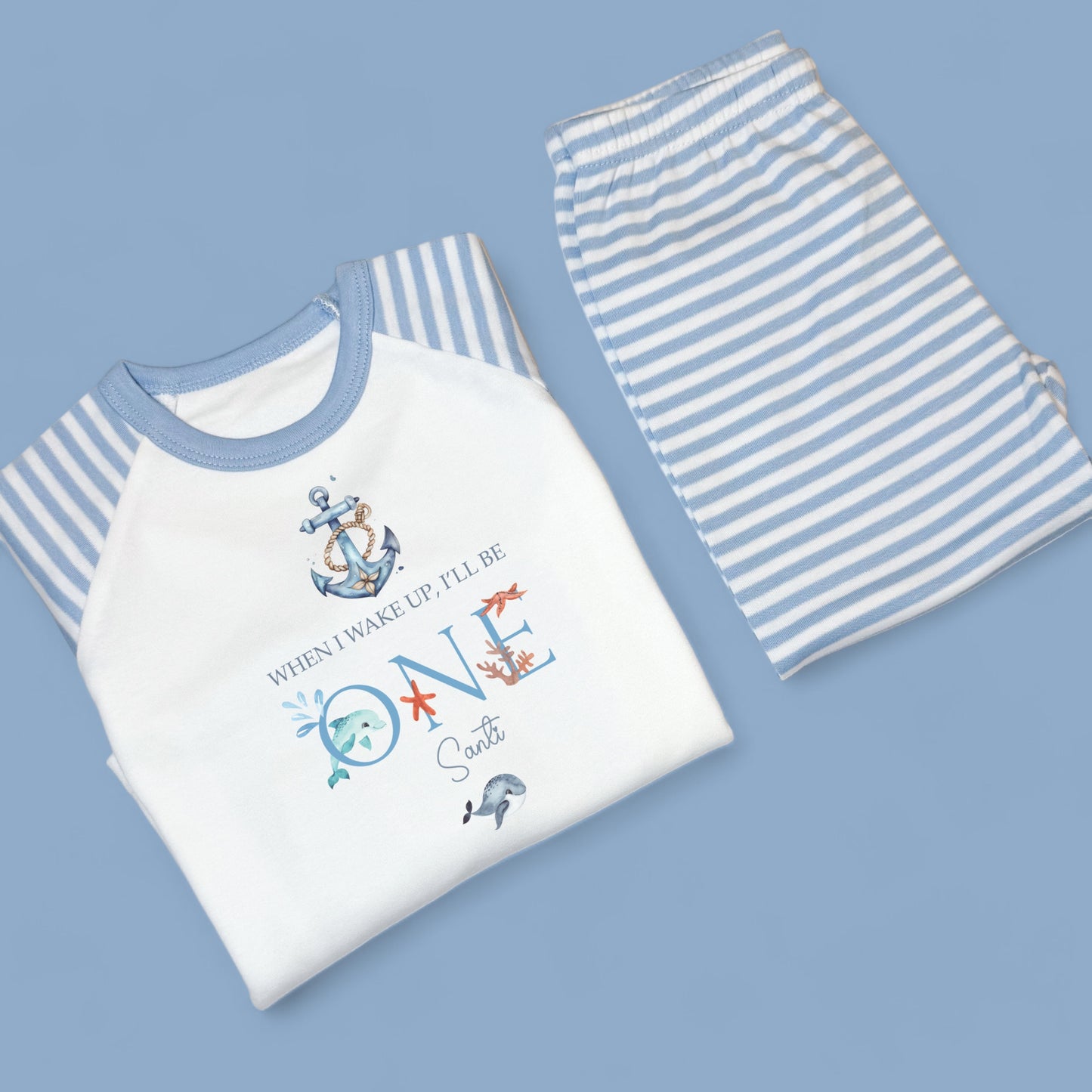 When I wake I'll be ONE Ocean Vibes Birthday Personalised Blue Stripe Baby Pj's