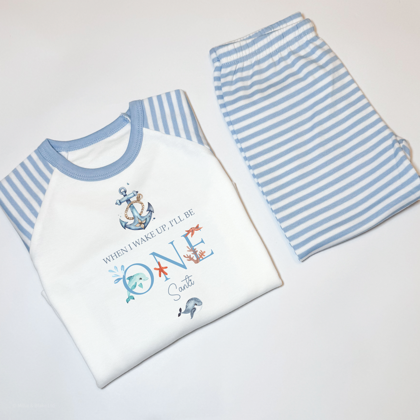 When I wake I'll be ONE Ocean Vibes Birthday Personalised Blue Stripe Baby Pj's