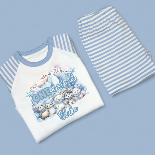 When I wake ONEderland Birthday Personalised Blue Stripe Baby Pj's