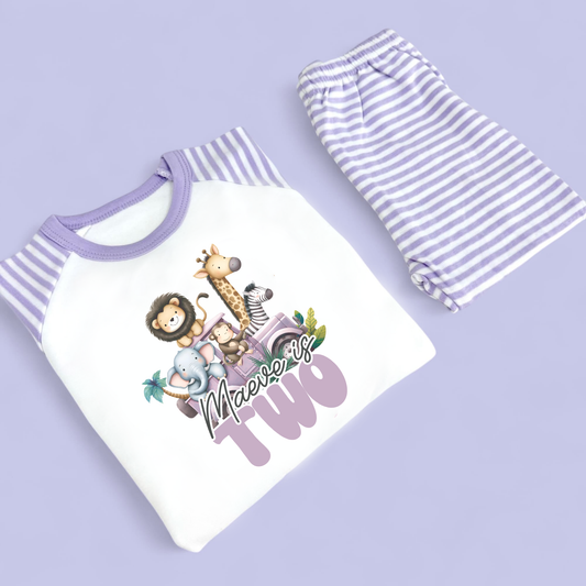 Wild Purple Safari Bus Birthday Personalised Pastel Purple Stripe Pj's