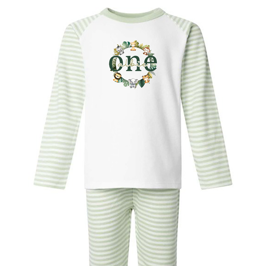 Safari Circle Age Birthday Personalised Sage Green Stripe Pj's