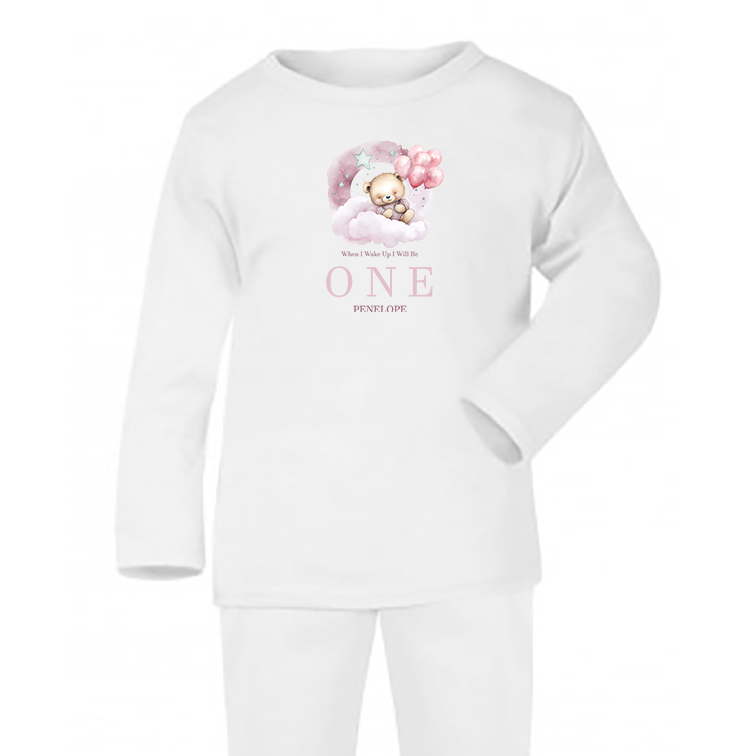 When I Wake Up Pink Sleepy Bear Birthday Personalised White Baby Pj's