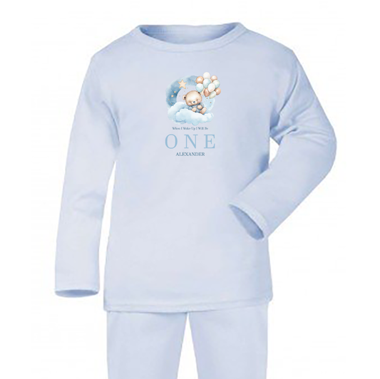 When I Wake Up Blue Sleepy Bear Birthday Personalised Blue Baby Pj's