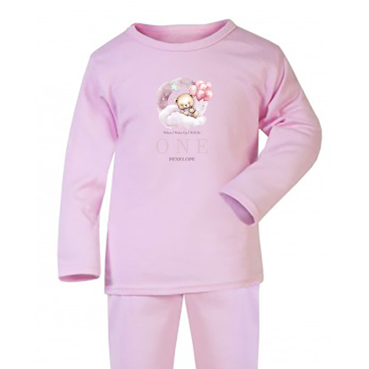 When I Wake Up Pink Sleepy Bear Birthday Personalised Pink Baby Pj's