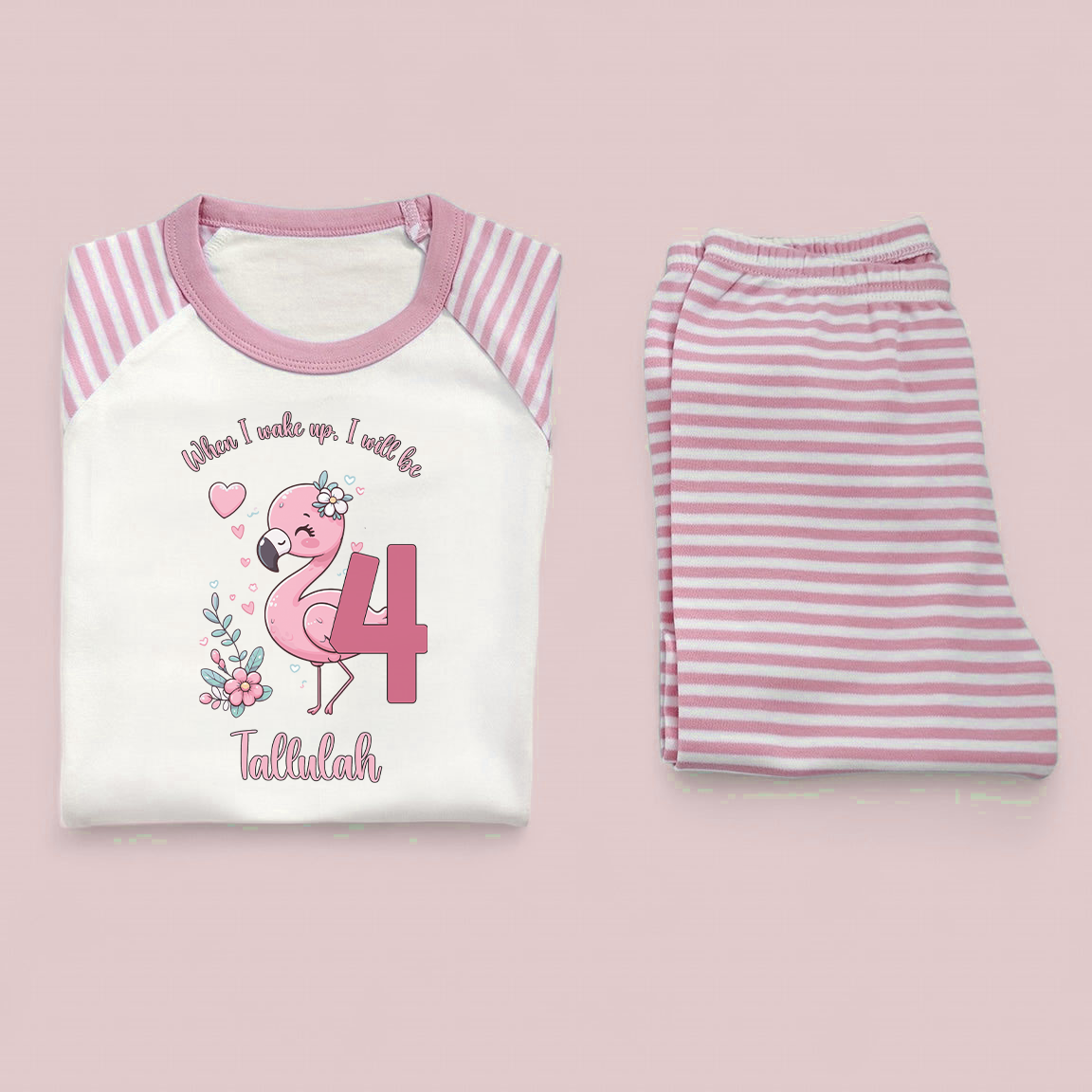 Flamingo When I wake up Birthday Personalised Pink Stripe Pj's